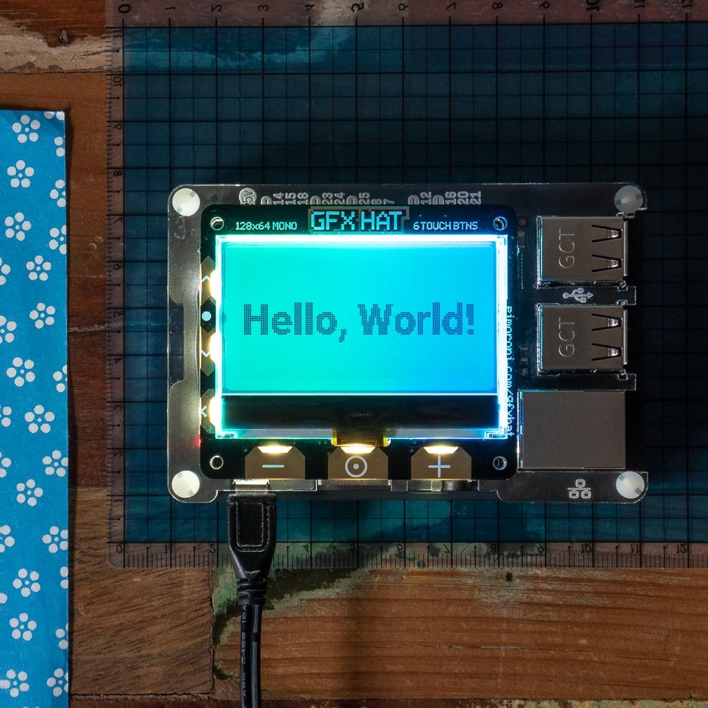 GFX HAT - 128x64 LCD Display with RGB Backlight and Touch Buttons by Pimoroni - The Pi Hut