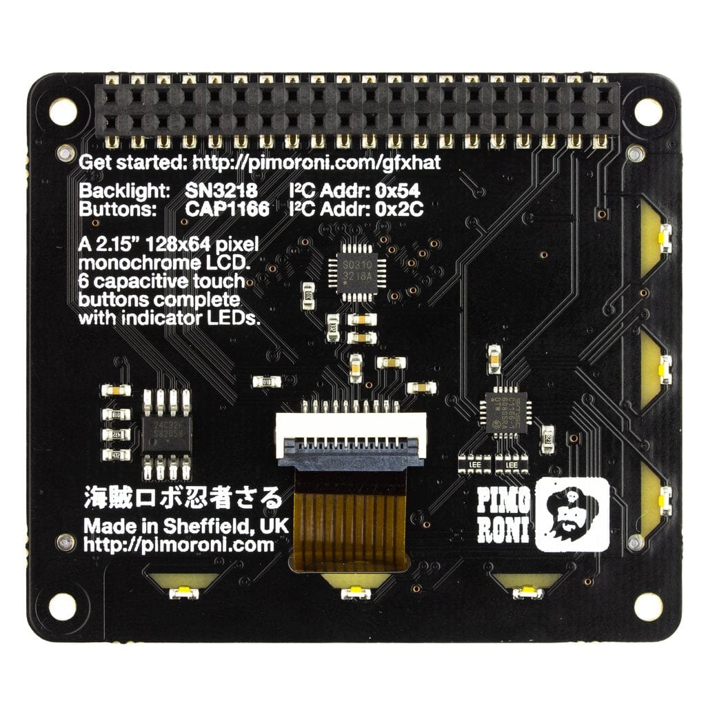 GFX HAT - 128x64 LCD Display with RGB Backlight and Touch Buttons by Pimoroni - The Pi Hut