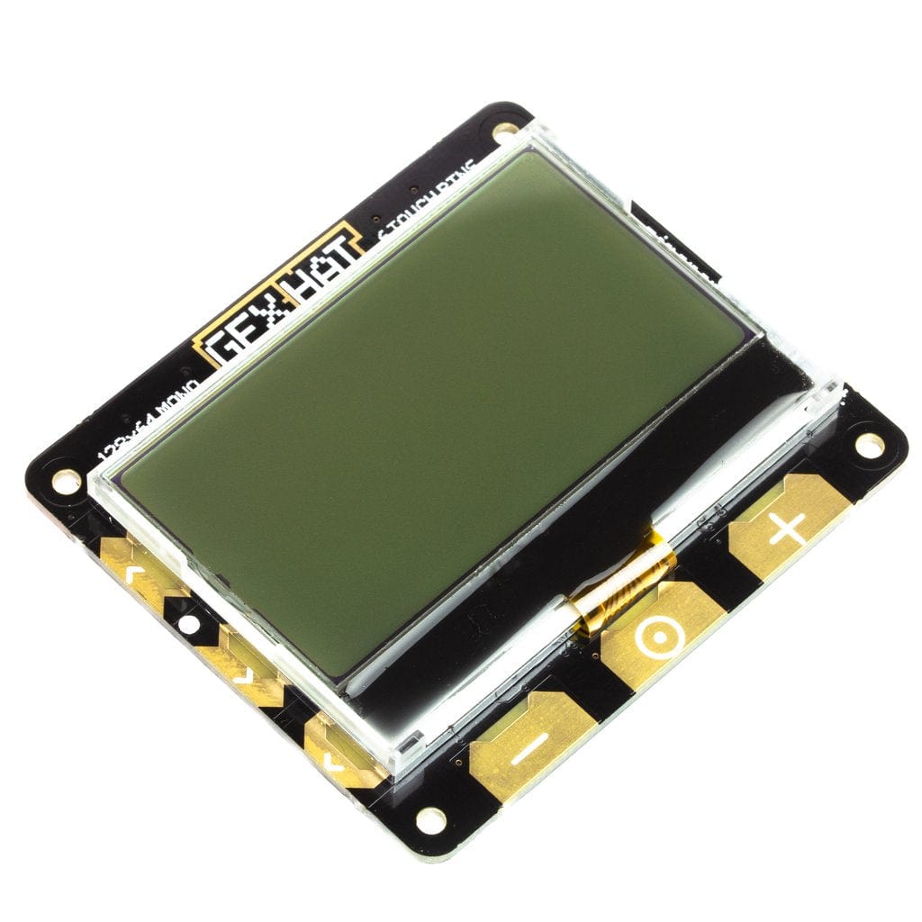 GFX HAT - 128x64 LCD Display with RGB Backlight and Touch Buttons by Pimoroni - The Pi Hut