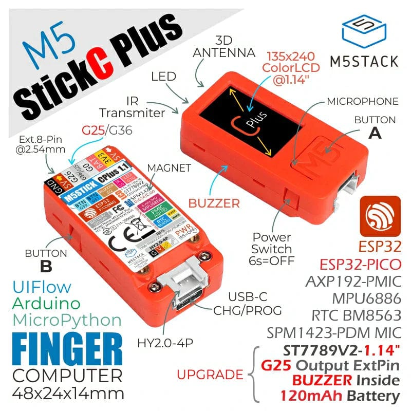 M5Stack M5StickC PLUS ESP32-PICO Mini IoT Development Kit by M5Stack - The Pi Hut