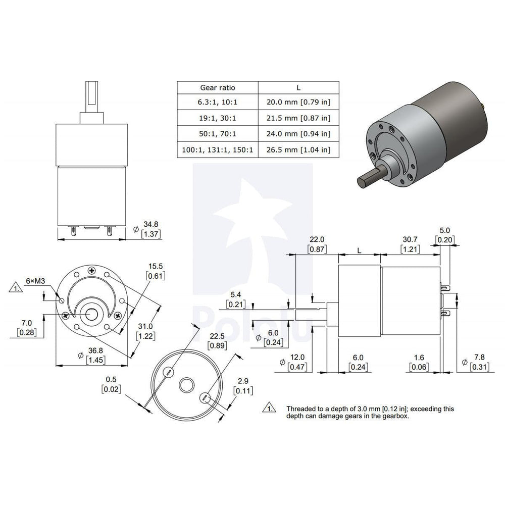 Pololu 12V 50:1 37D 12V Metal Gearmotor by Pololu - The Pi Hut