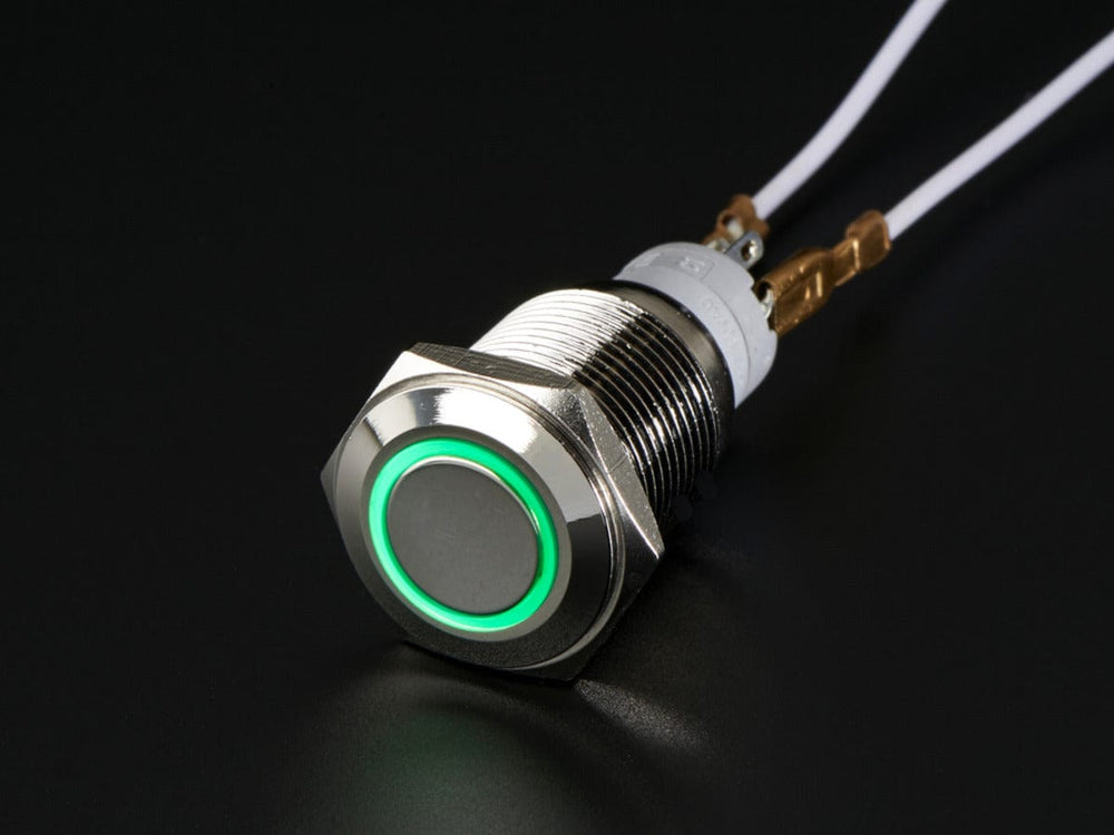 Rugged Metal Pushbutton with Green LED Ring (16mm Green Momentary) by The Pi Hut - The Pi Hut