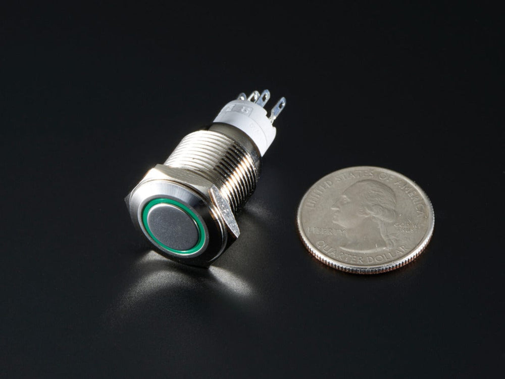 Rugged Metal Pushbutton with Green LED Ring (16mm Green Momentary) by The Pi Hut - The Pi Hut