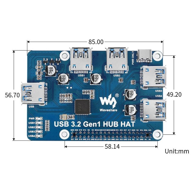 USB 3.2 Gen1 Hub HAT for Raspberry Pi by Waveshare - The Pi Hut