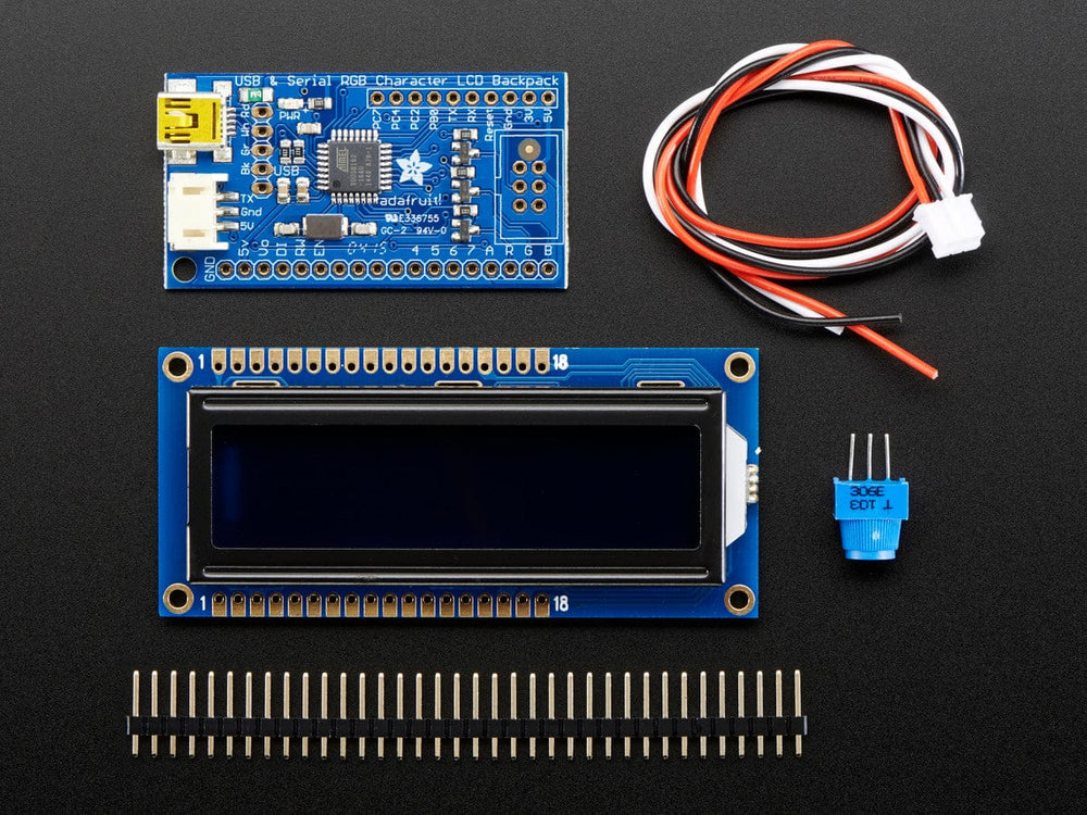 USB + Serial Backpack Kit with 16x2  RGB backlight negative LCD (RGB on Black) by Adafruit - The Pi Hut