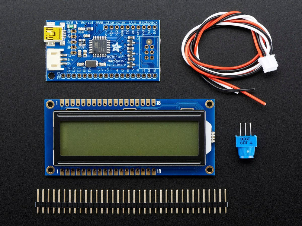USB + Serial Backpack Kit with 16x2  RGB backlight positive LCD (Black on RGB) by Adafruit - The Pi Hut