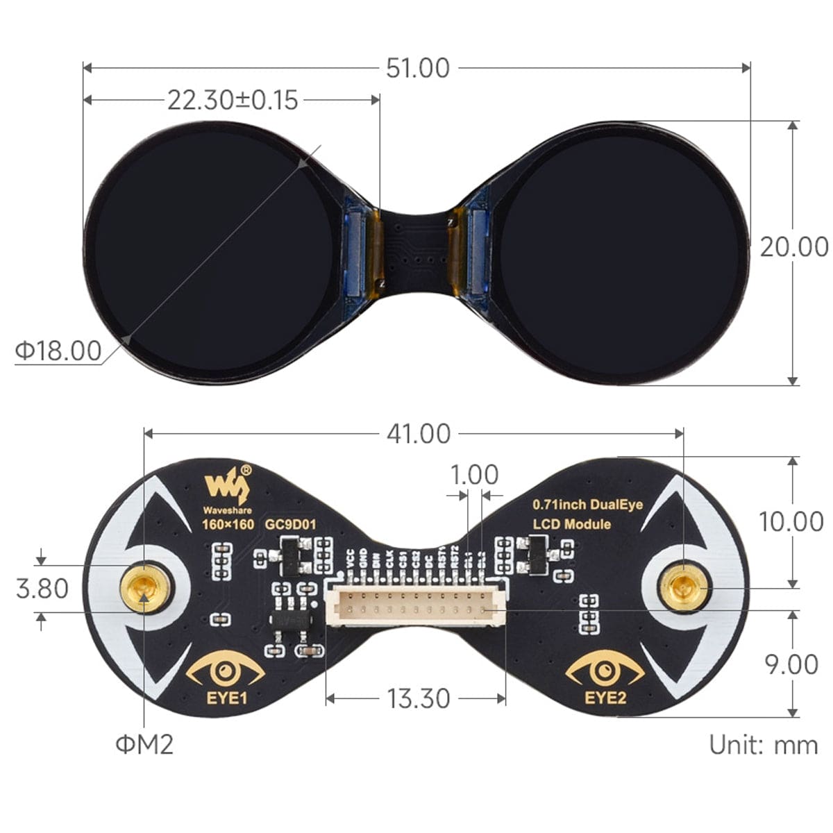 0.71" Double Eye Round IPS LCD Display (160 x 160)