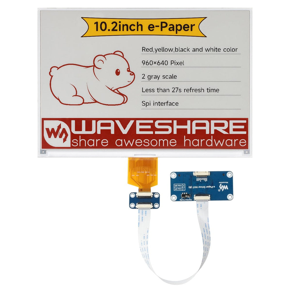 10.2" Four-Colour ePaper Display (G) with Driver HAT for Raspberry Pi by Waveshare - The Pi Hut