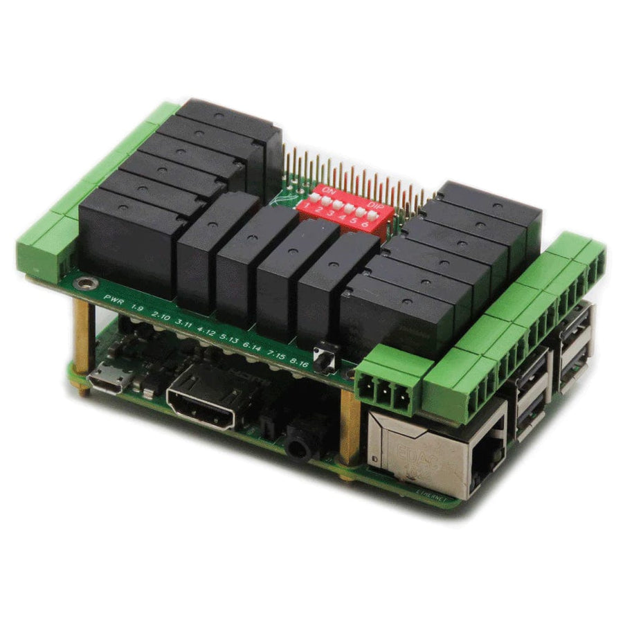 Control Relay With Raspberry Pi 16 Relays 2A/24V 8-Layer Stackable HAT for Raspberry Pi - The Pi Hut