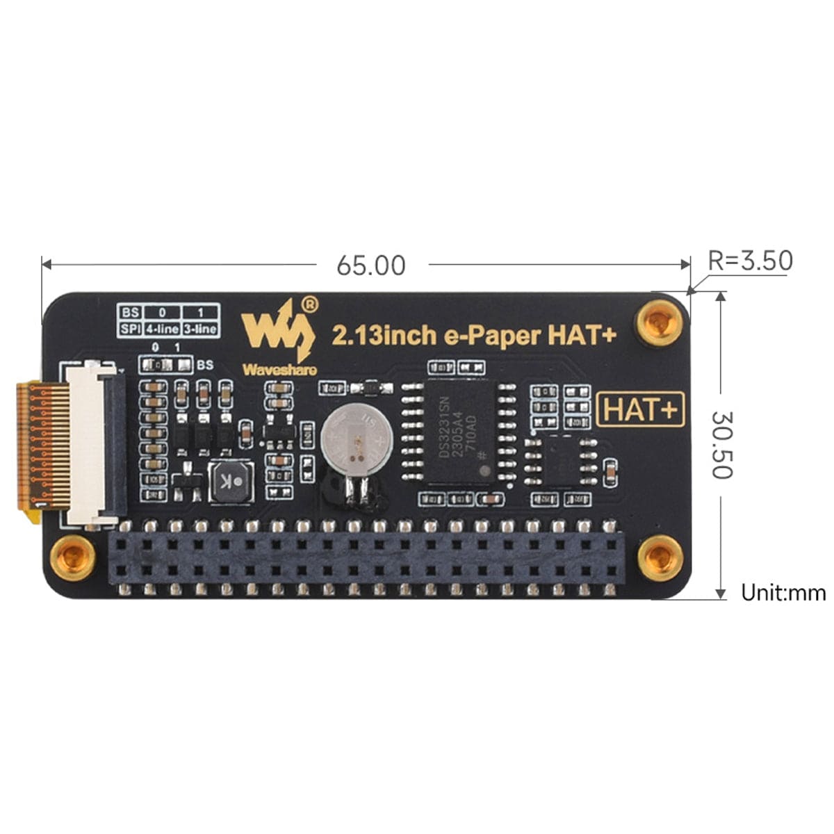 2.13" E-Paper HAT+ for Raspberry Pi (Black/White) (250 x 122)