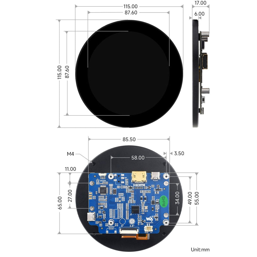 3.4" HDMI Round Touch Display for Raspberry Pi (800x800)
