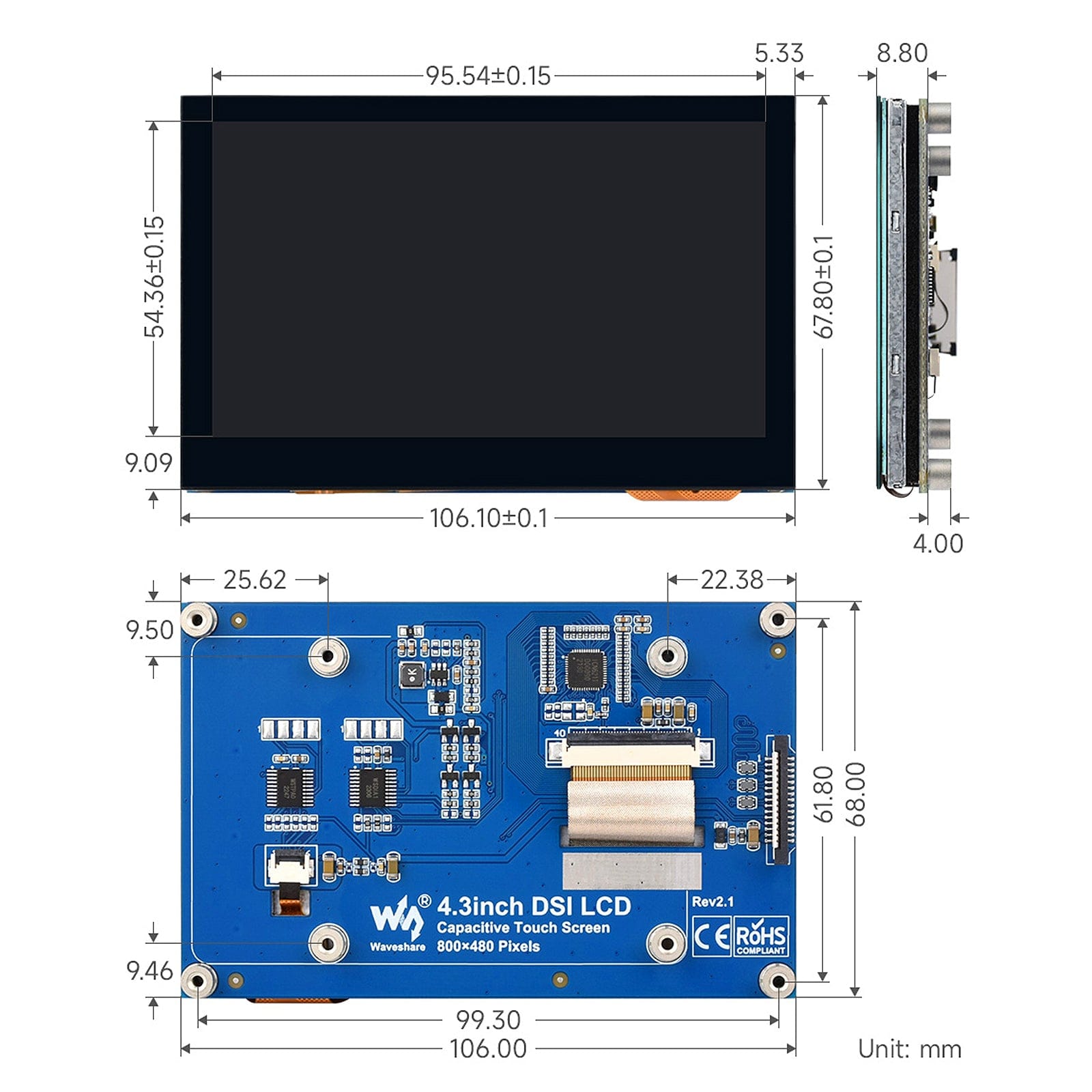 4.3" DSI QLED Capacitive Touch Display for Raspberry Pi (800x480) - The Pi Hut
