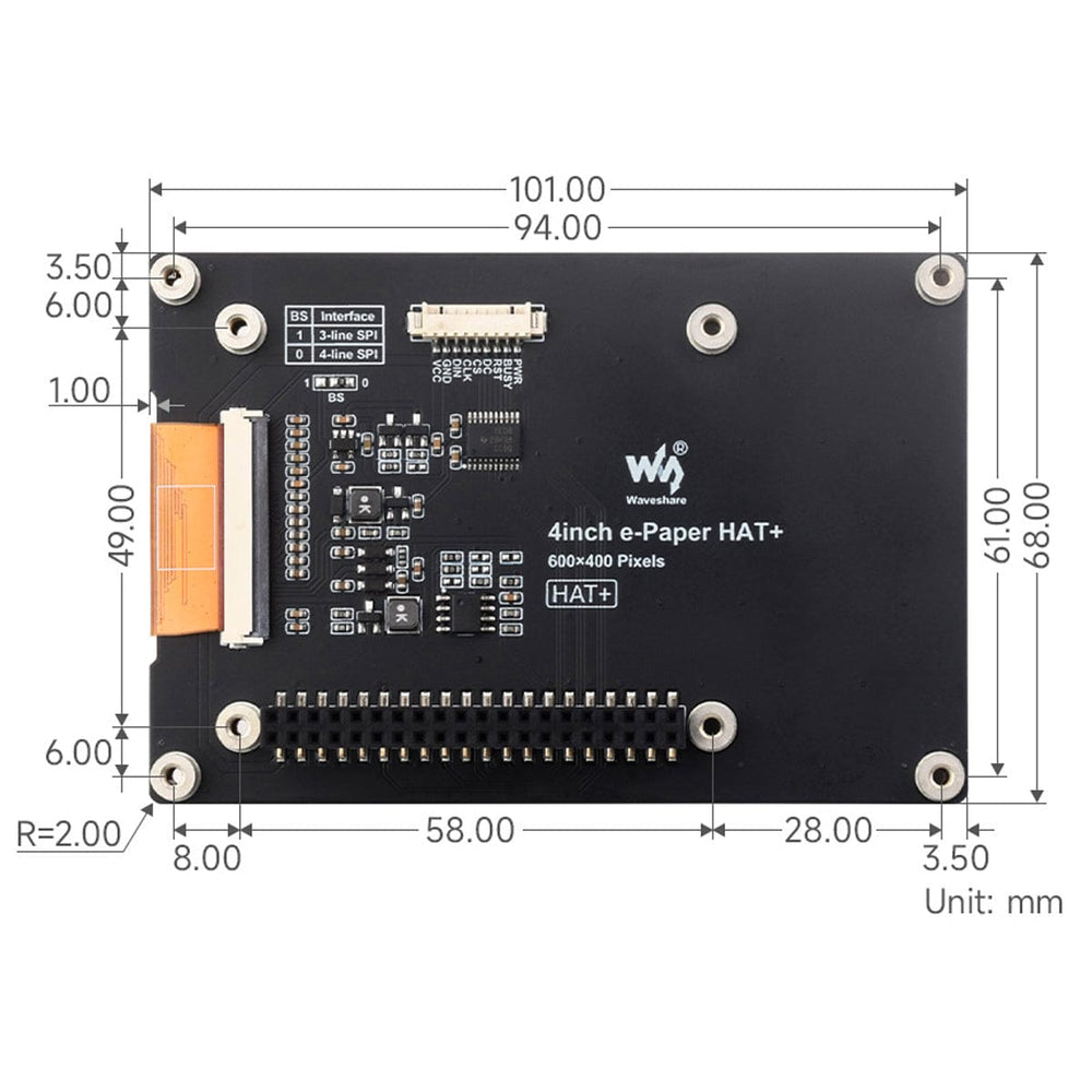 4" Full-Colour E-Paper Display HAT+ for Raspberry Pi (600x400)