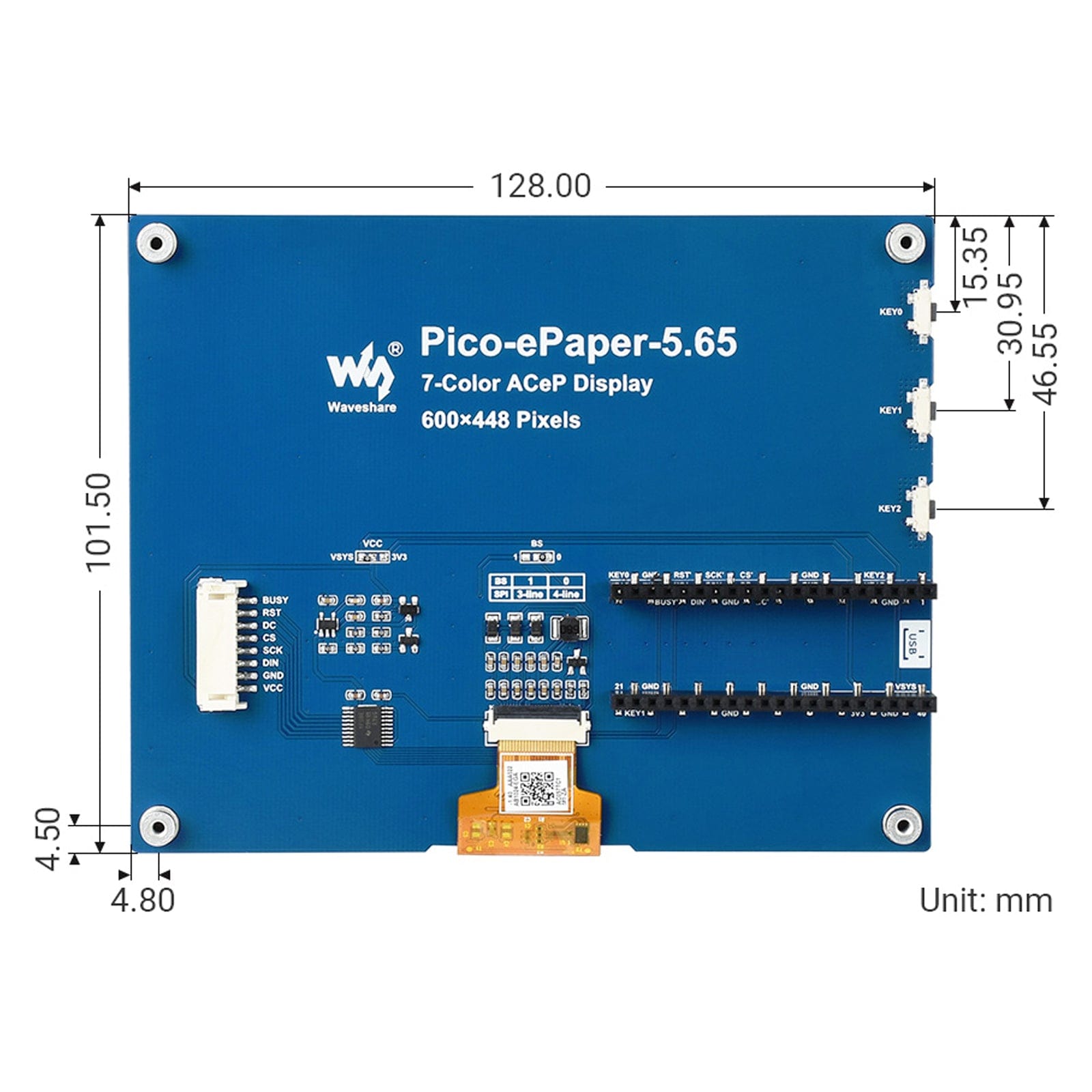 5.65" ACeP 7-Colour E-Paper Display Module for Raspberry Pi Pico - The Pi Hut