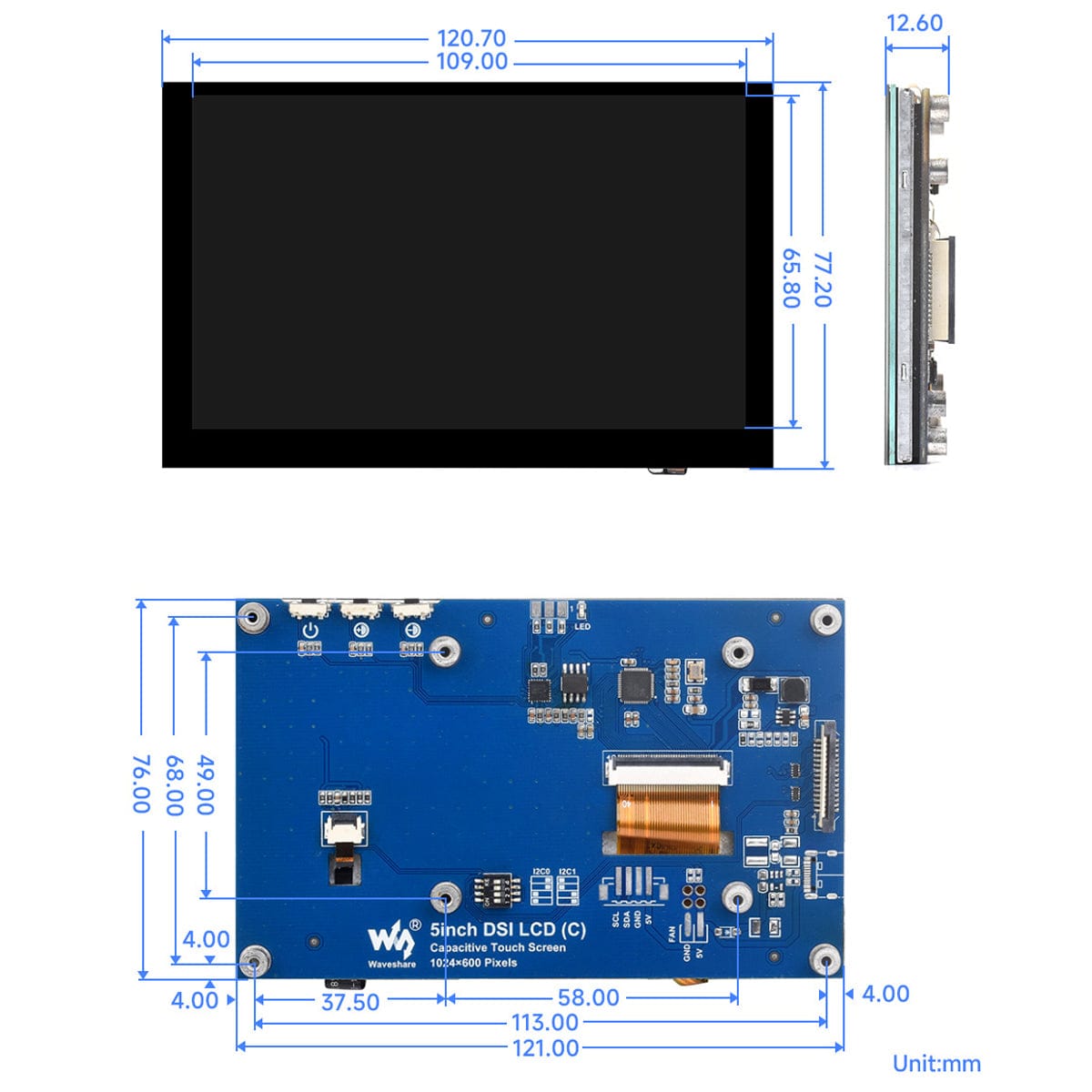 5" IPS DSI Capacitive Touch Display for Raspberry Pi (1024x600)