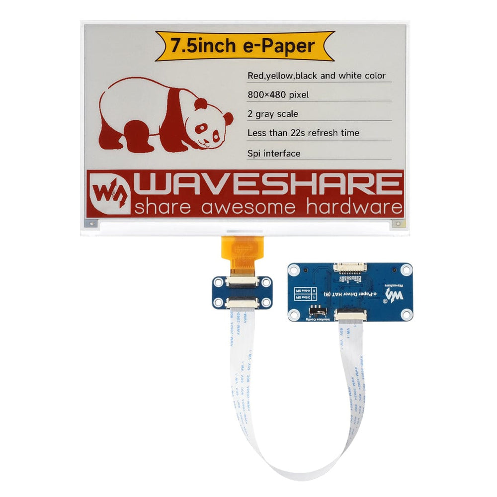 7.5" Four-Colour ePaper Display (H) with Driver HAT for Raspberry Pi by Waveshare - The Pi Hut