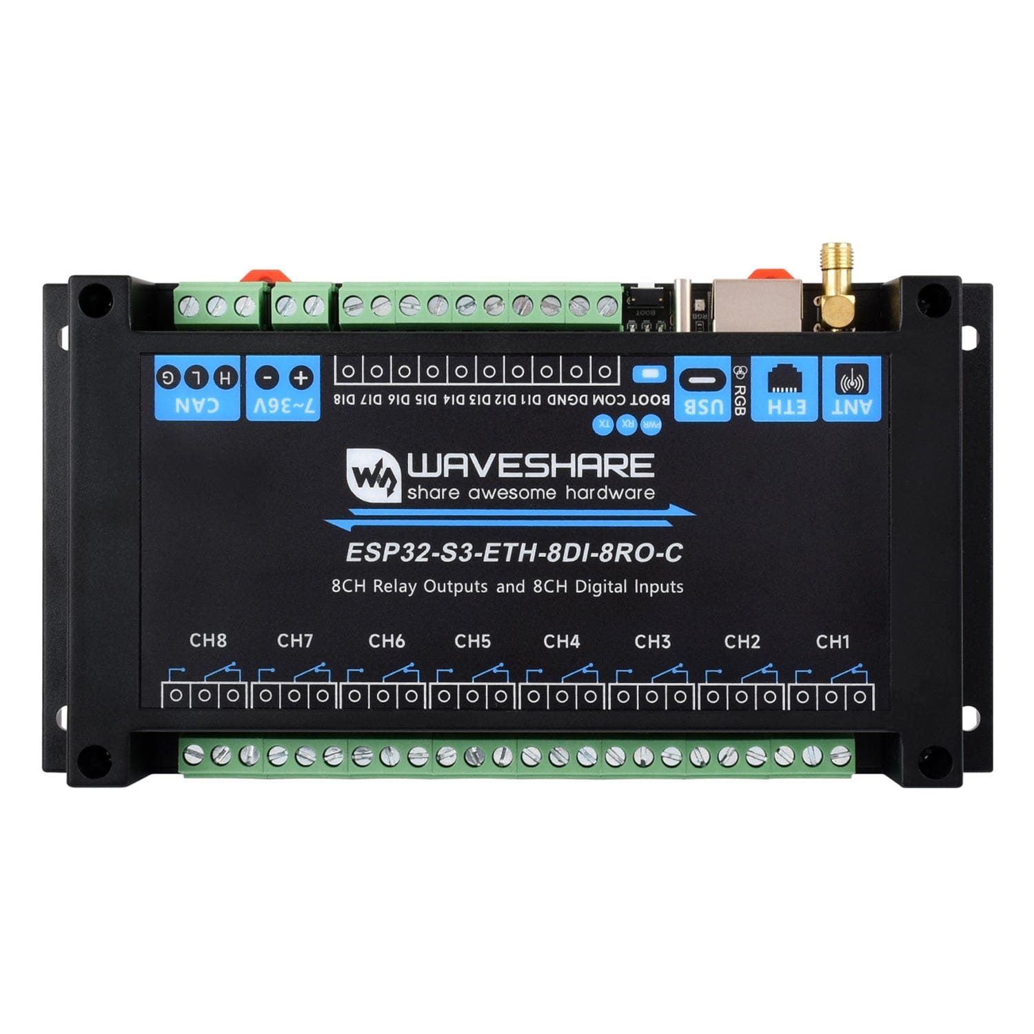 8-Channel ESP32-S3 Wi-Fi Relay Module with CAN Interface by Waveshare - The Pi Hut