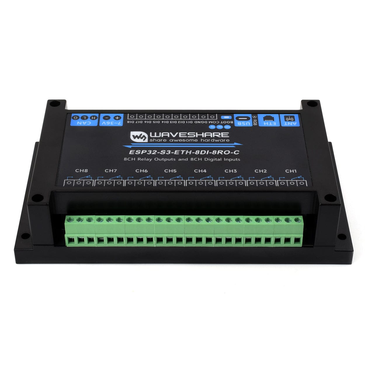 8-Channel ESP32-S3 Wi-Fi Relay Module with CAN Interface by Waveshare - The Pi Hut