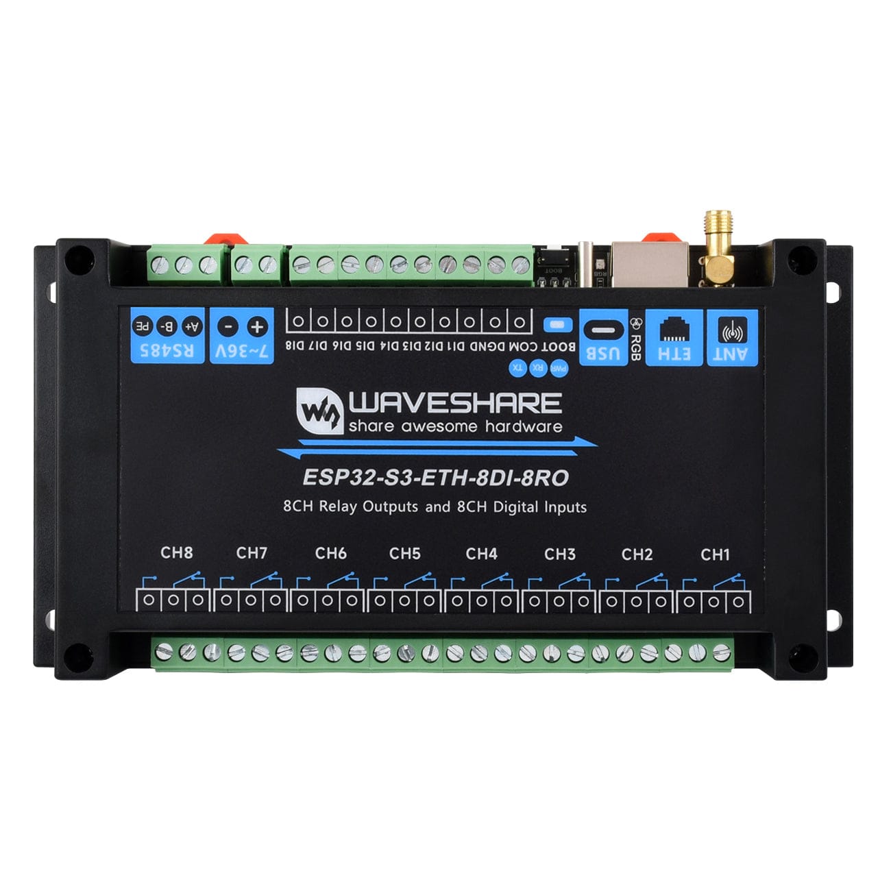 8-Channel ESP32-S3 WiFi Relay Module with RS485 (PoE Option) by Waveshare - The Pi Hut
