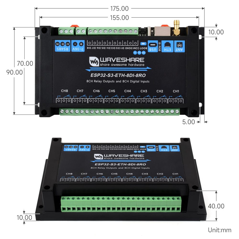 8-Channel ESP32-S3 WiFi Relay Module with RS485 (PoE Option) by Waveshare - The Pi Hut
