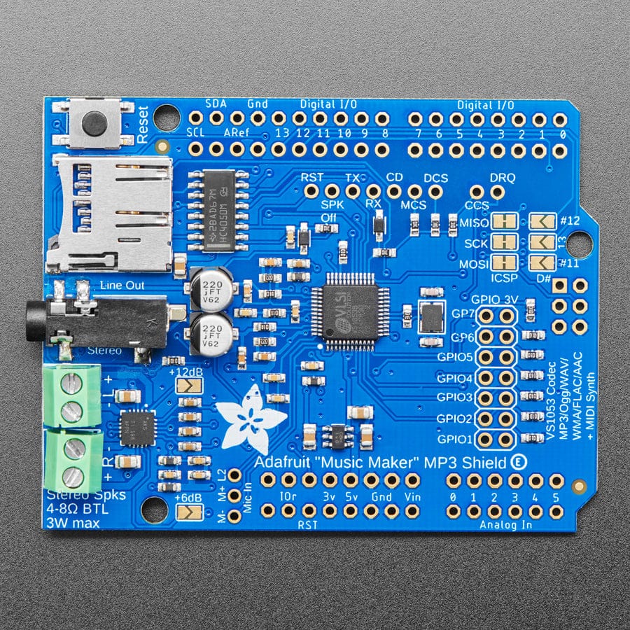 Adafruit "Music Maker" MP3 Shield for Arduino with 3W Stereo Amp (v1.0) - The Pi Hut