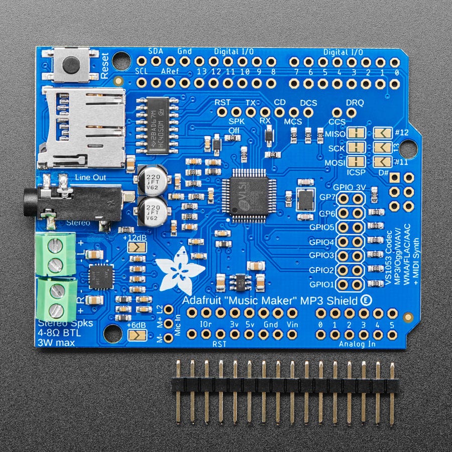 Adafruit "Music Maker" MP3 Shield for Arduino with 3W Stereo Amp (v1.0) - The Pi Hut