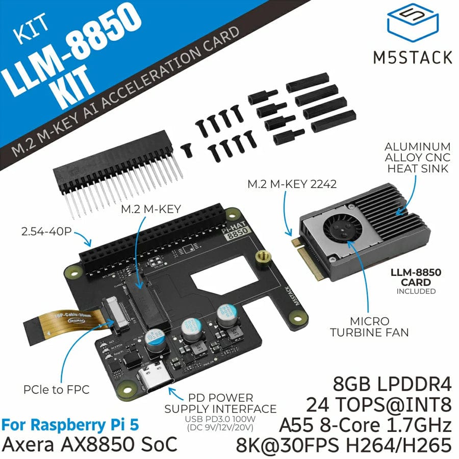 AI-8850 LLM Accelerator M.2 Kit 8GB Version by M5Stack - The Pi Hut