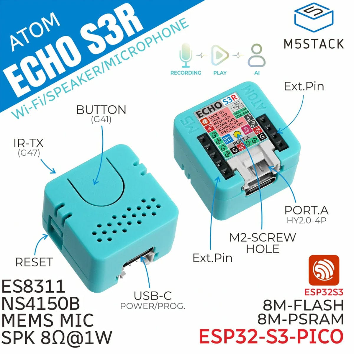 Atom EchoS3R Smart Speaker Dev Kit by M5Stack - The Pi Hut