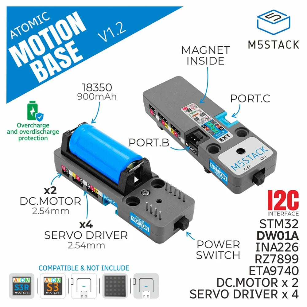ATOMIC Motion Base v1.2 with Power Monitor (INA226AIDGSR) by M5Stack - The Pi Hut