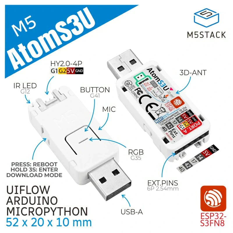 AtomS3U ESP32S3 Development Kit with USB-A - The Pi Hut