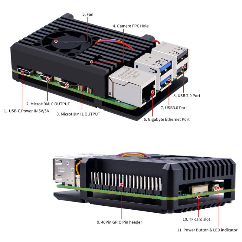 Black Aluminum Case With Heatsink Fan for Raspberry Pi 5 - The Pi Hut