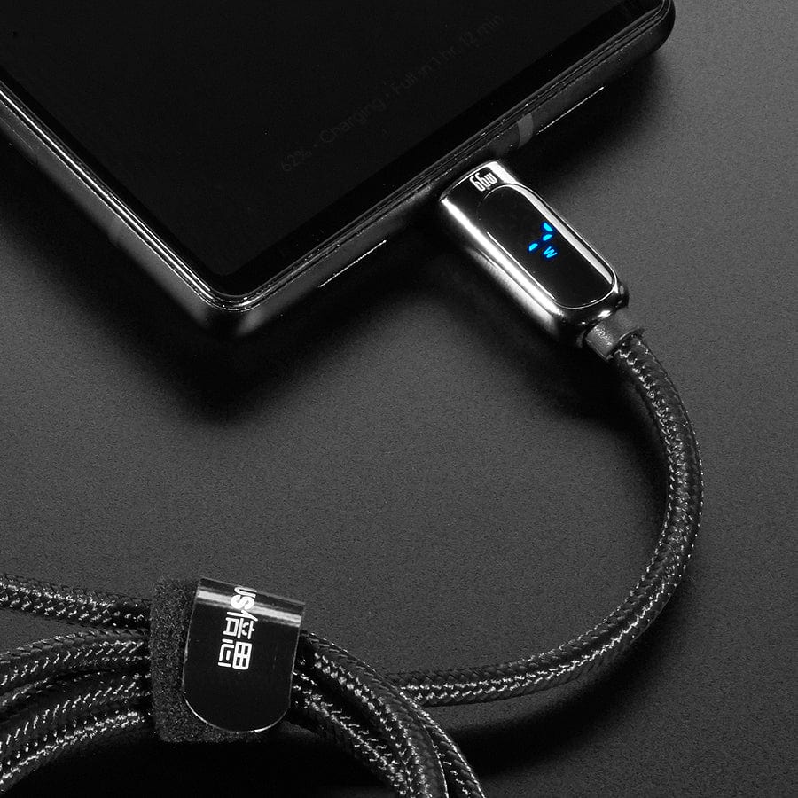 Black Woven USB A to USB C Cable with 66W Watt Display - 1 meter - The Pi Hut