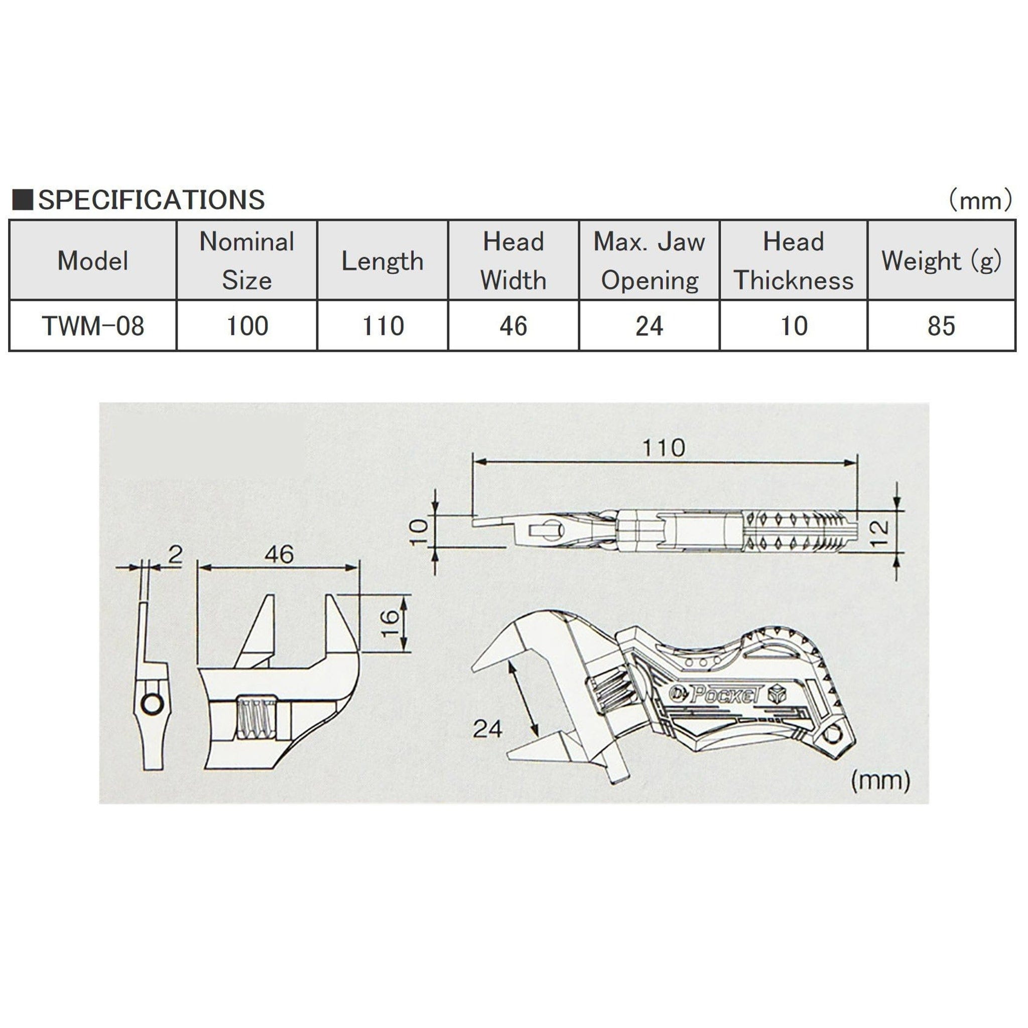 Engineer TWM-08 Slim-Jaw Stubby Adjustable Spanner