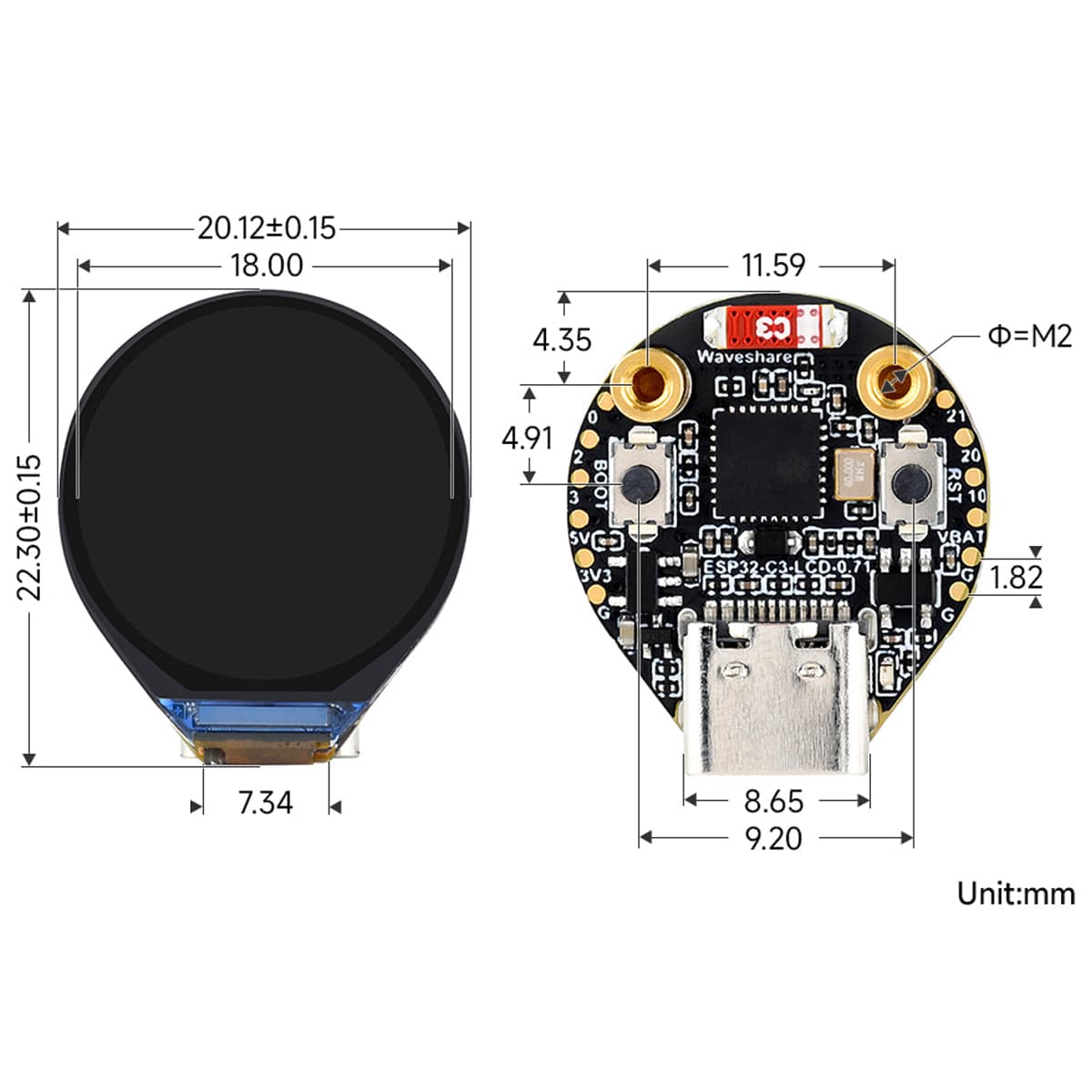 ESP32-C3 Development Board with 0.71" Round IPS LCD Display (160 x 160)