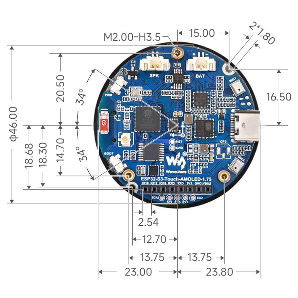 ESP32-S3 1.75" AMOLED Round Touch Display Dev Board (466x466) by Waveshare - The Pi Hut
