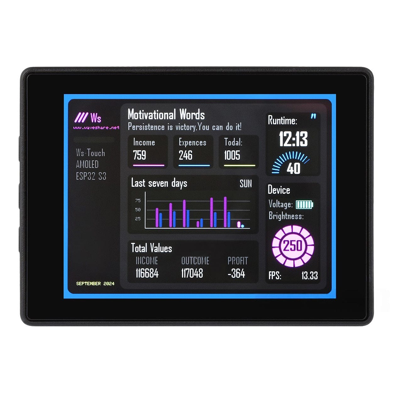 ESP32-S3 2.41" AMOLED Touch Display Dev Board with Case (600x450) by Waveshare - The Pi Hut