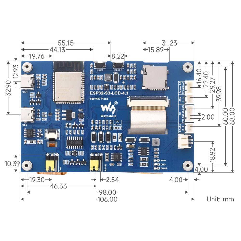 ESP32-S3 4.3" Touch Display Dev Board (800x480) by Waveshare - The Pi Hut