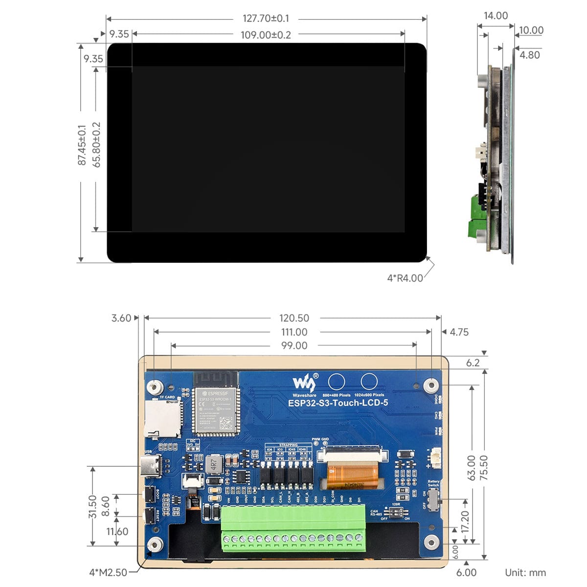 ESP32-S3 Development Board with 5" IPS Capacitive Touch Display (1024x600)