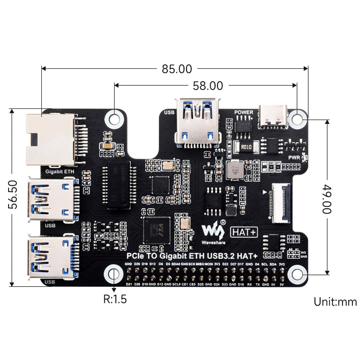 Gigabit Ethernet + 3x USB 3.2 PCIe HAT+ for Raspberry Pi 5 - The Pi Hut