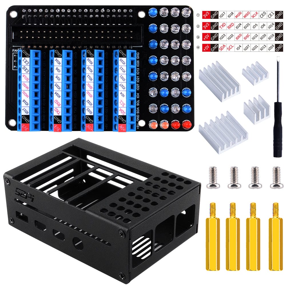 GPIO Terminal Board with LED Indicators + Aluminium Case for Pi 4 - The Pi Hut