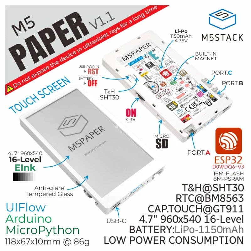 M5Paper ESP32 Development Kit V1.1 with 4.7" eInk Display (540x960)