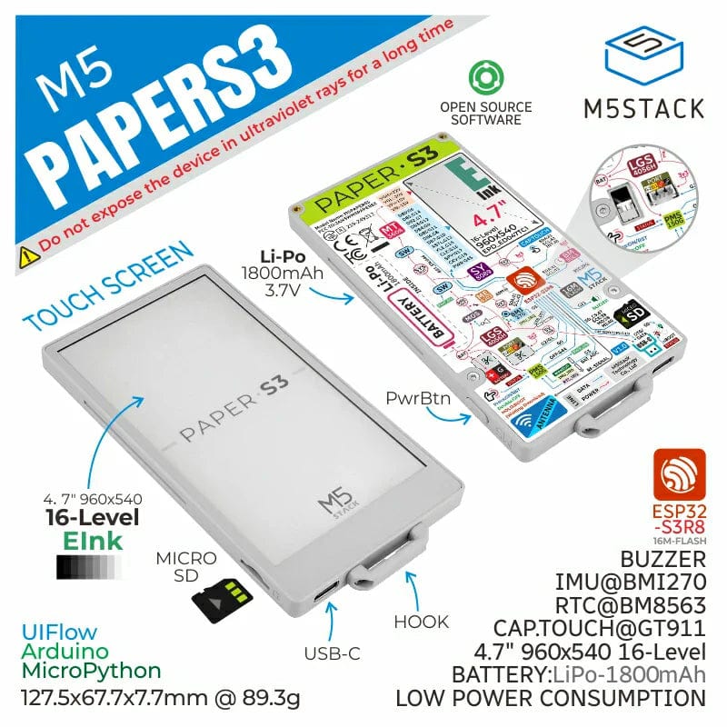 M5PaperS3 ESP32S3 Development Kit with 4.7" eInk Display (960x540)