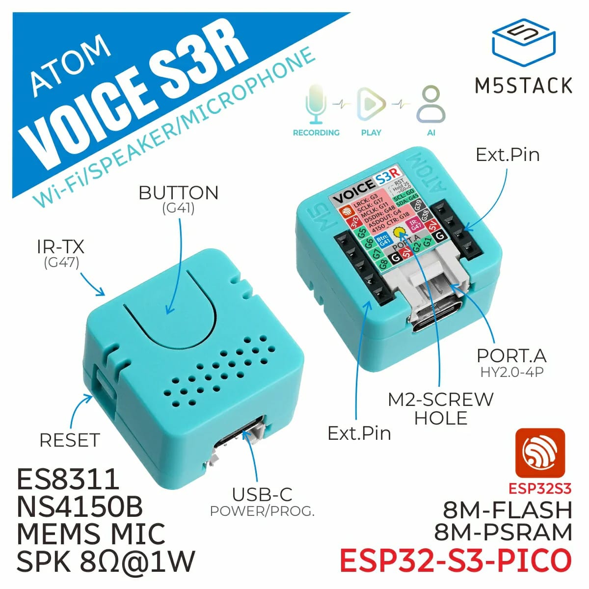 M5Stack ATOM VoiceS3R Smart Speaker Dev Kit by M5Stack - The Pi Hut