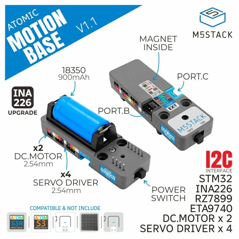 M5Stack ATOMIC Motion Base v1.1 with Power Monitor by M5Stack - The Pi Hut