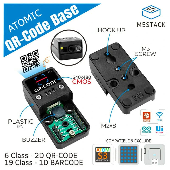 Scanner Base Unit M5Stack ATOMIC (W/O Atom Lite) 2D/1D Barcode Scanner Base - The Pi Hut