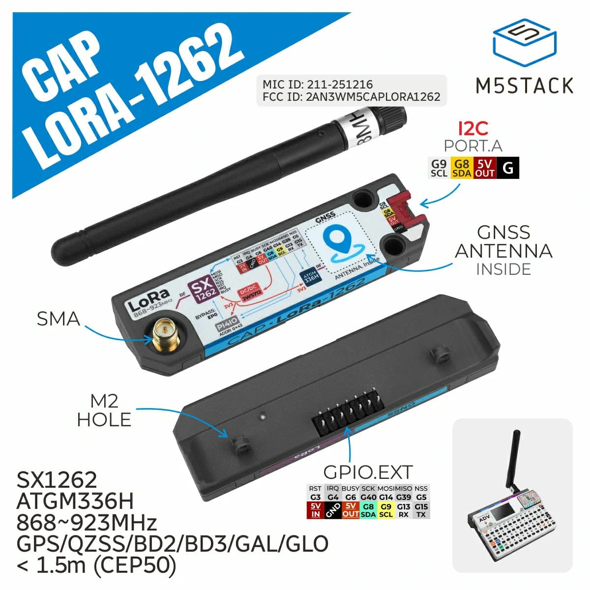 M5Stack Cap LoRa 1262 for Cardputer Adv (LoRa + GNSS) by M5Stack - The Pi Hut