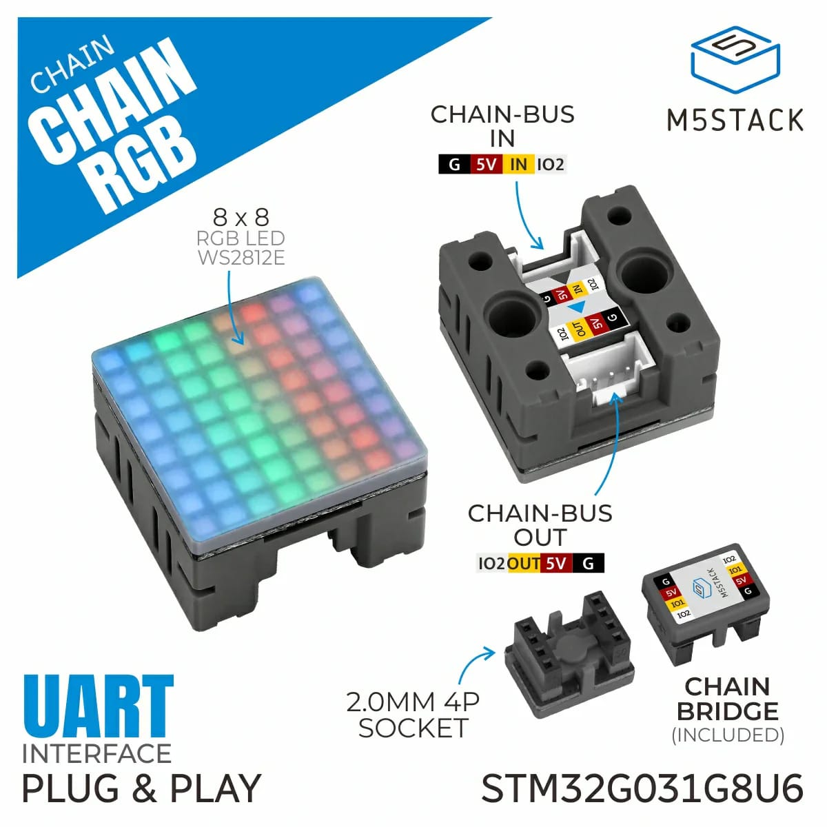 M5Stack Chain RGB Matrix with 8x8 LEDs by M5Stack - The Pi Hut