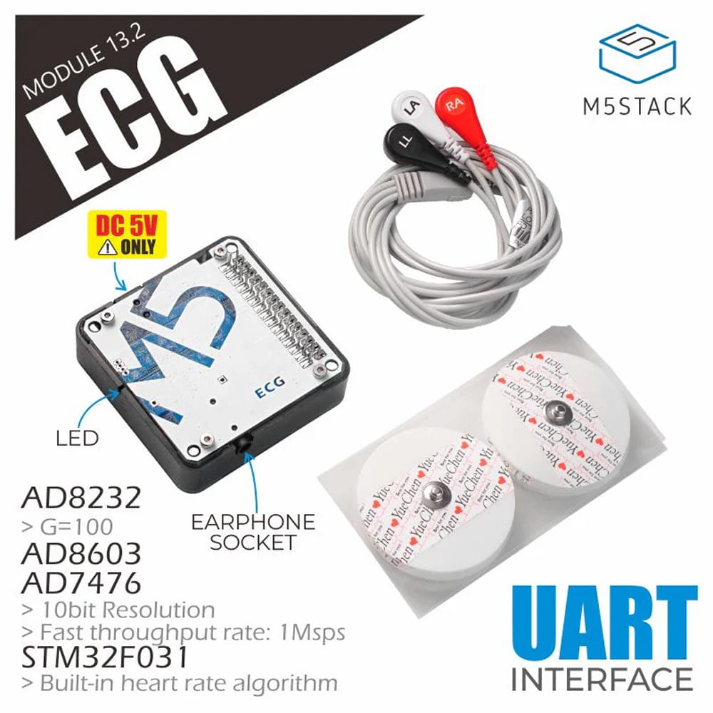 M5Stack ECG Module with cables and pads (AD8232) by M5Stack - The Pi Hut