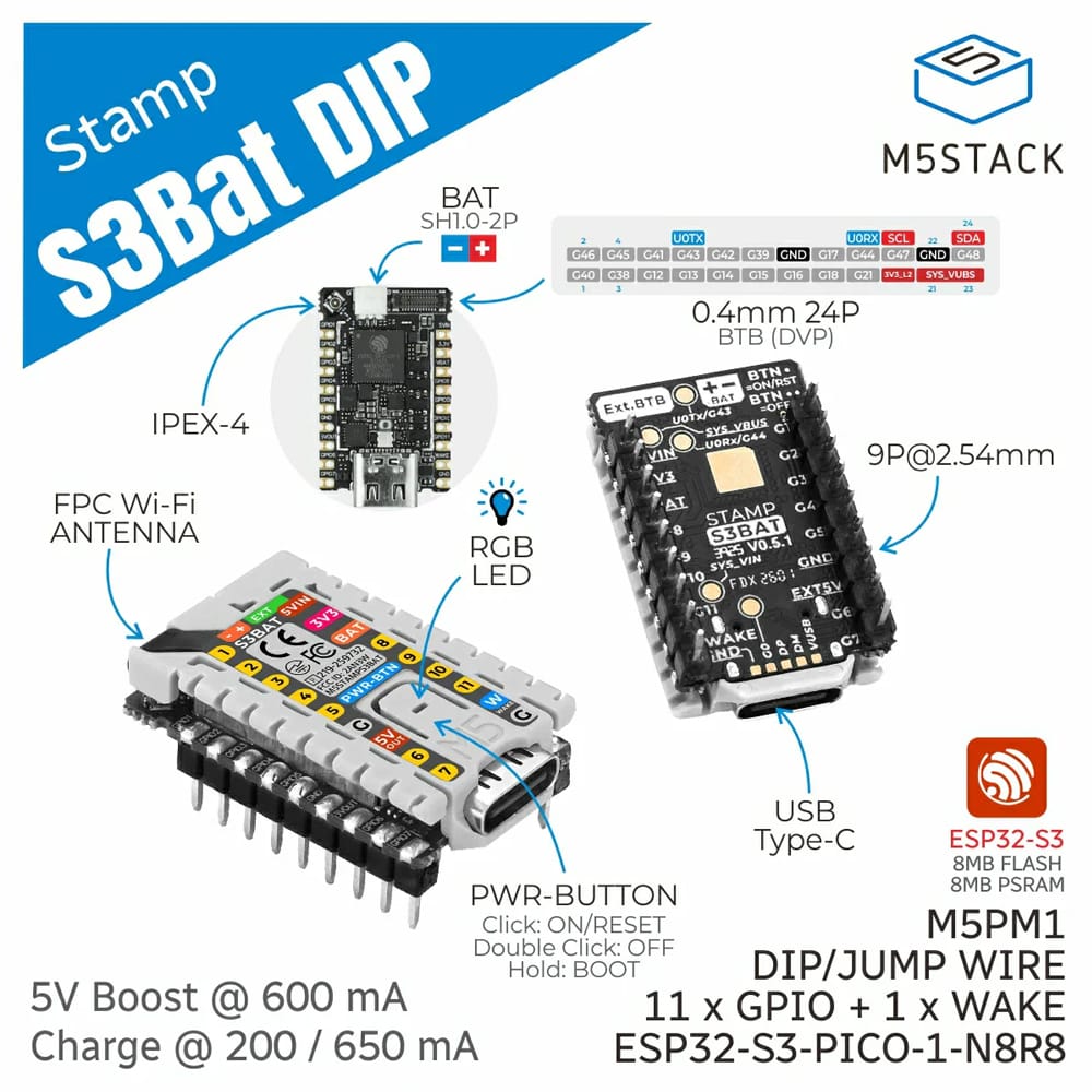 M5StampS3 BAT Module with 2.54 Header Pin by M5Stack - The Pi Hut