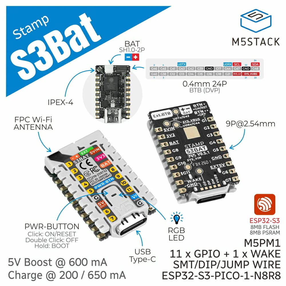 M5StampS3 BAT Module with Battery Connector by M5Stack - The Pi Hut